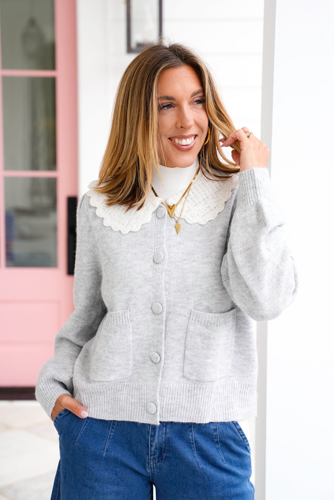 Knit Long Sleeve Frill Crochet Collar Cardigan – Freckled Poppy
