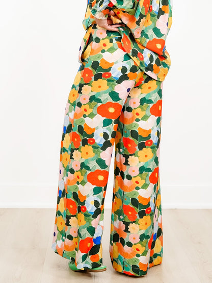 Plus/Reg Floral Print Drawstring Wide Leg Pants - Freckled Poppy