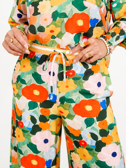 Plus/Reg Floral Print Drawstring Wide Leg Pants - Freckled Poppy