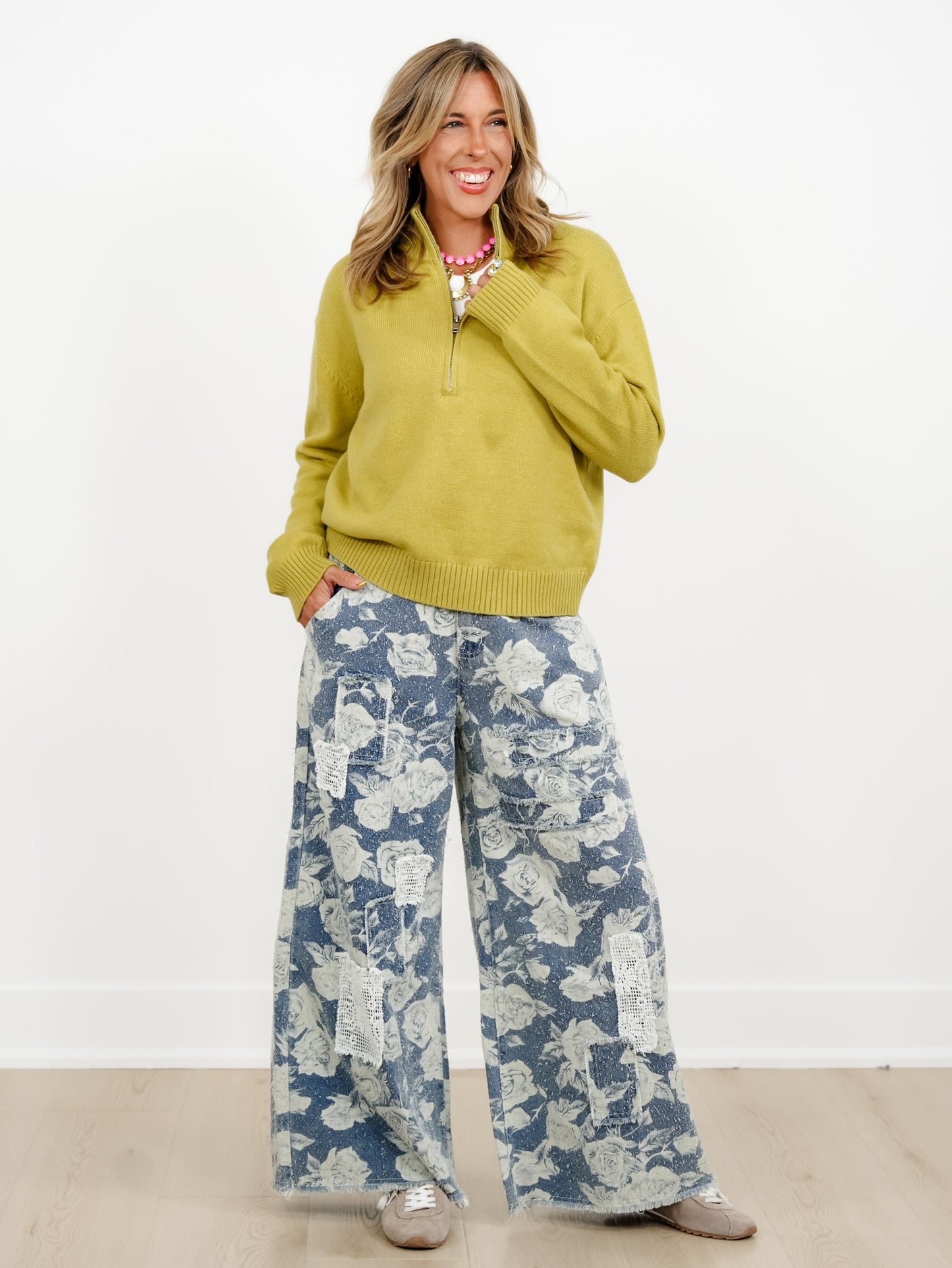 POL Rose Print High Waist Wide Leg Jeans