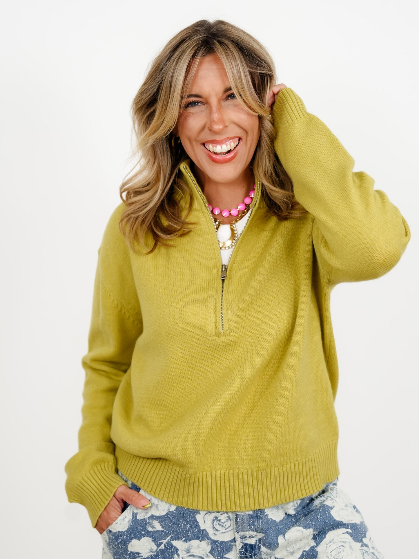 Solid Long Sleeve Half Zip Turtleneck Sweater - Freckled Poppy