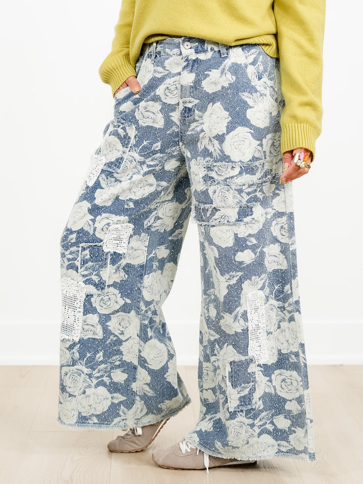 POL Rose Print High Waist Wide Leg Jeans