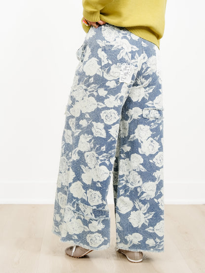 POL Rose Print High Waist Wide Leg Jeans