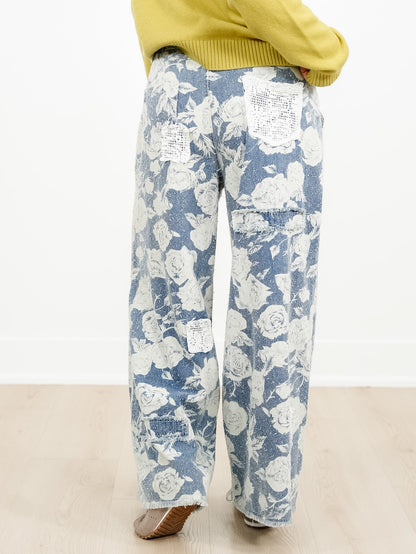 POL Rose Print High Waist Wide Leg Jeans