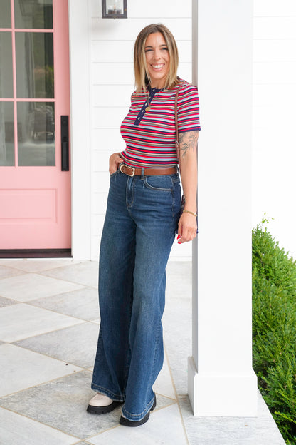 Multi Striped Button Up Short Sleeve Top