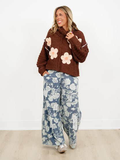 POL Berber Fleece Long Sleeve Cowl Neck Sweater with Floral Patch