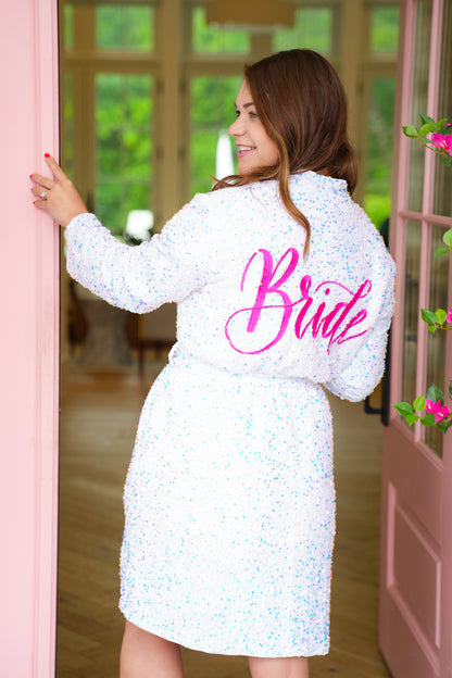 Plus/Reg Iridescent Sequins Bride Long Sleeve Belted Robe