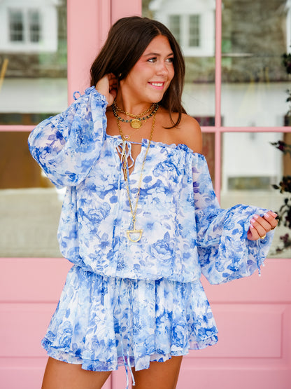 Blue Floral Long Sleeve Off Shoulder Drop Waist Mini Dress
