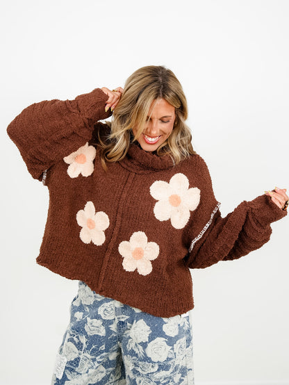 POL Berber Fleece Long Sleeve Cowl Neck Sweater with Floral Patch