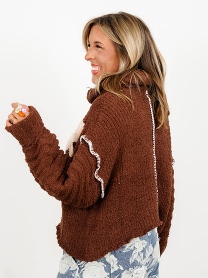 POL Berber Fleece Long Sleeve Cowl Neck Sweater with Floral Patch