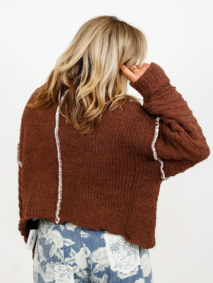 POL Berber Fleece Long Sleeve Cowl Neck Sweater with Floral Patch