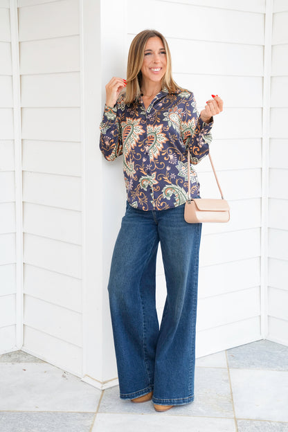 Satin Paisley Long Sleeve Button Down Top