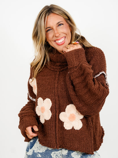 POL Berber Fleece Long Sleeve Cowl Neck Sweater with Floral Patch