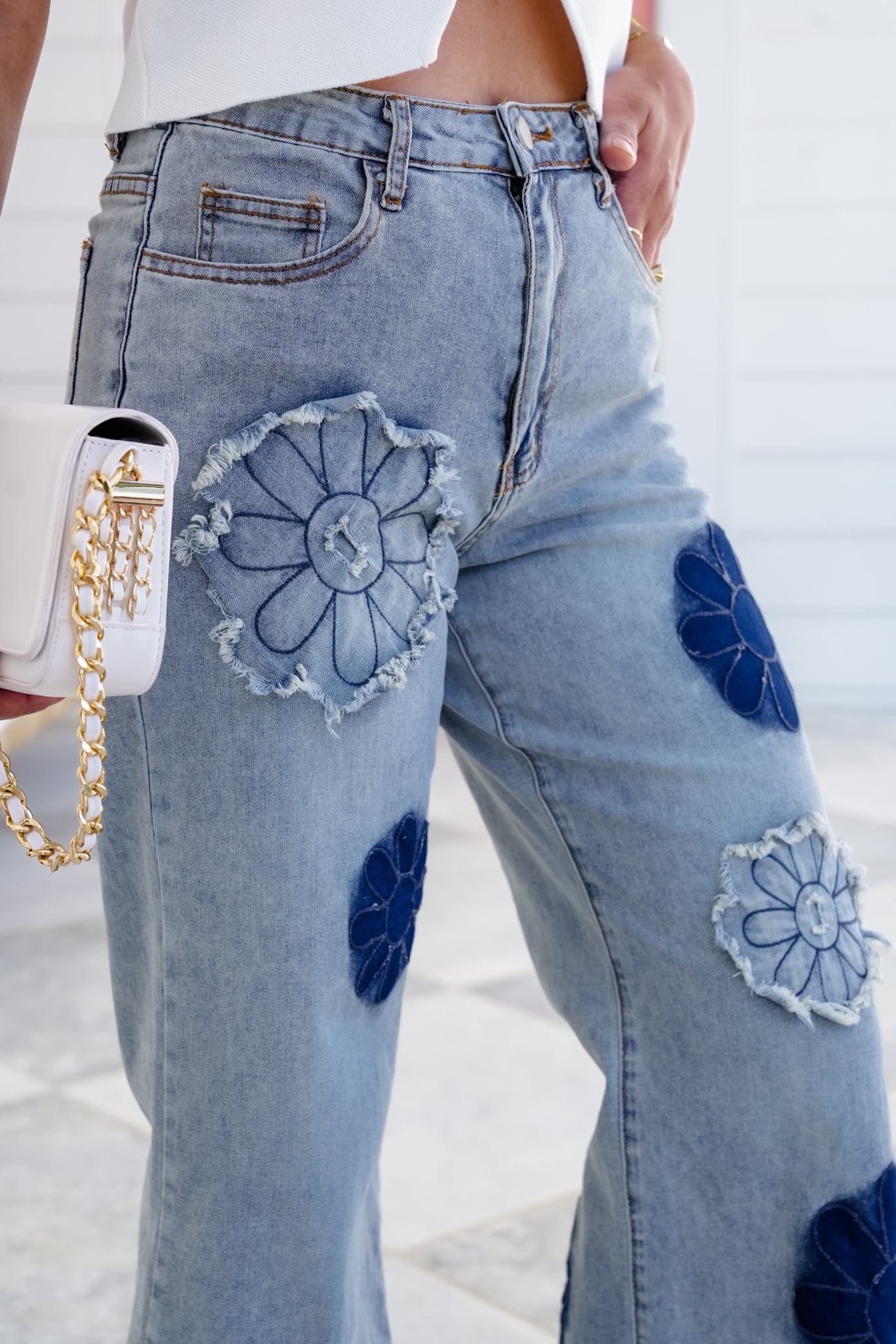 【AAKE】(Lining brushed) FLOWER PATCH DENIM Flower Patch Washed Denim Pants | Teal Poppy