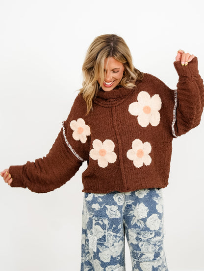 POL Berber Fleece Long Sleeve Cowl Neck Sweater with Floral Patch