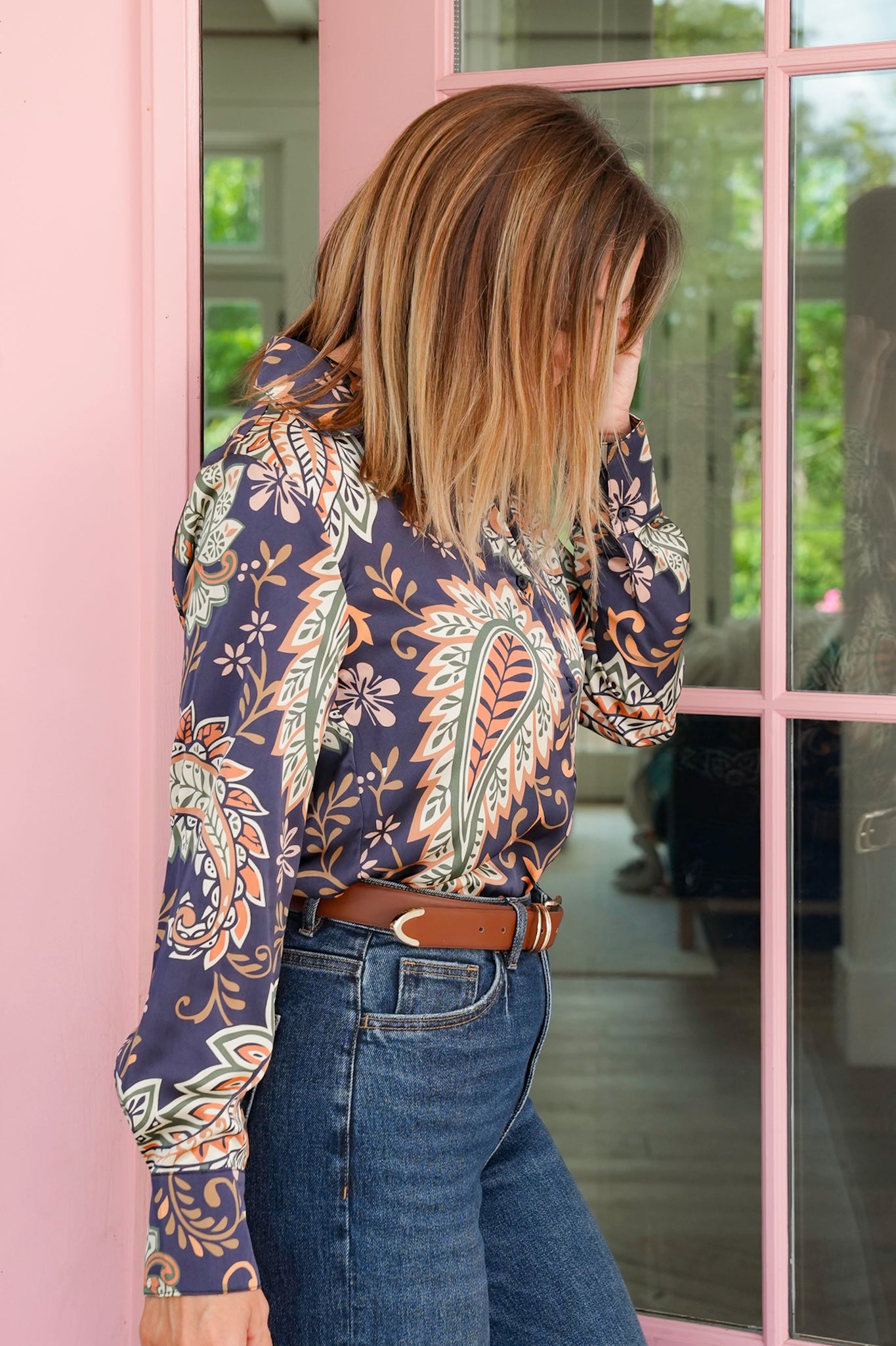 Satin Paisley Long Sleeve Button Down Top