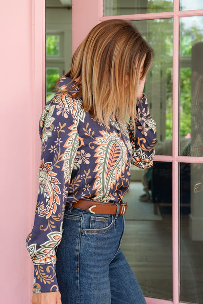 Satin Paisley Long Sleeve Button Down Top
