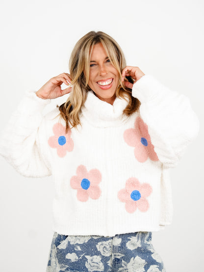 POL Berber Fleece Long Sleeve Cowl Neck Sweater with Floral Patch
