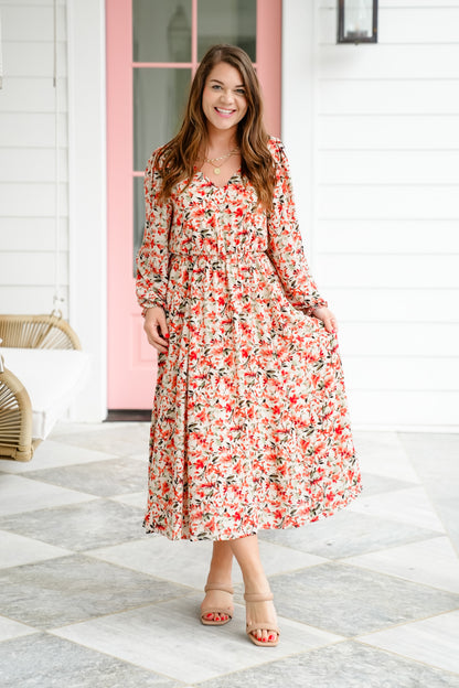 Plus/Reg Floral Long Sleeve V Neck Elastic Waist Midi Dress
