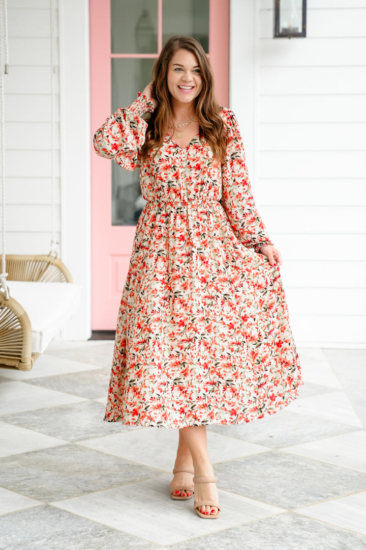 Plus/Reg Floral Long Sleeve V Neck Elastic Waist Midi Dress
