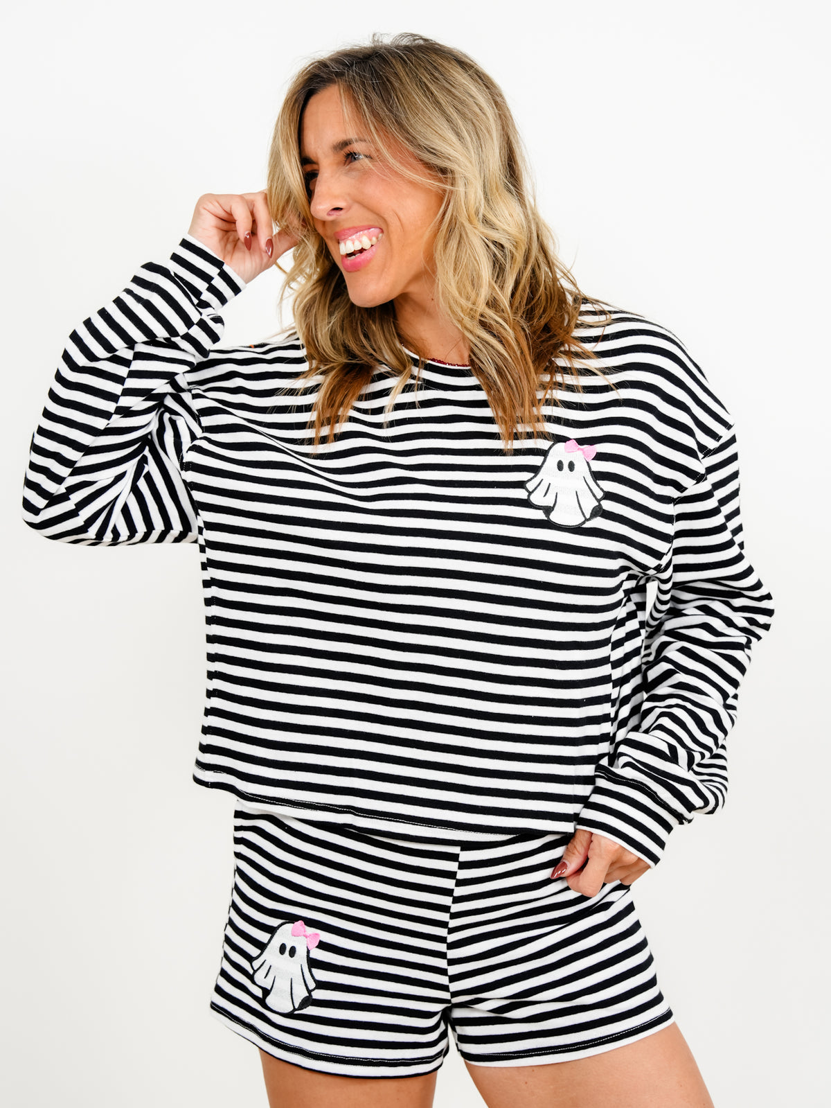 Plus/Reg Stripe Long Sleeve Top and Shorts with Ghost Patch Lounge Set