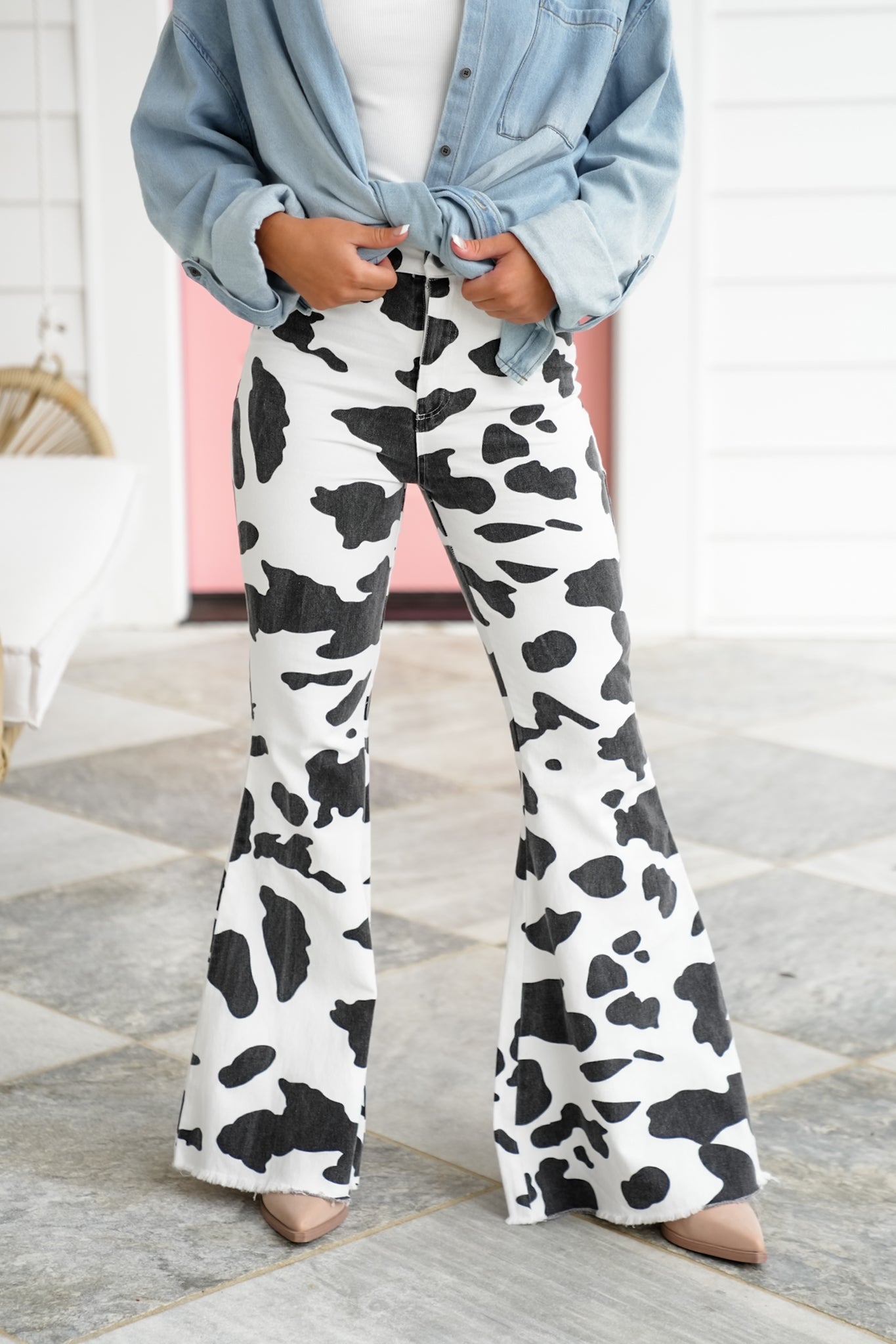BiBi Cow Print Bell Bottom Pants