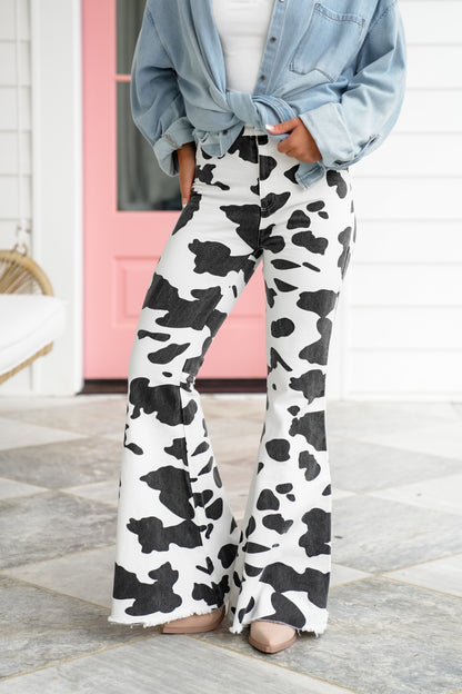 BiBi Cow Print Bell Bottom Pants