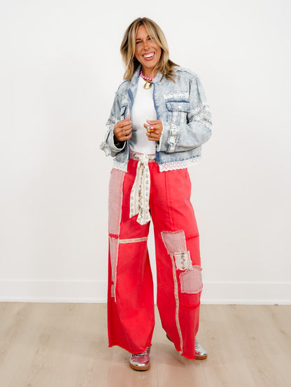 POL Red Patchwork High Waist Wide Leg Pants