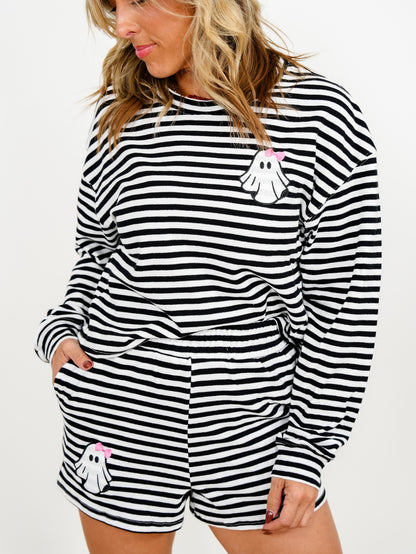 Plus/Reg Stripe Long Sleeve Top and Shorts with Ghost Patch Lounge Set