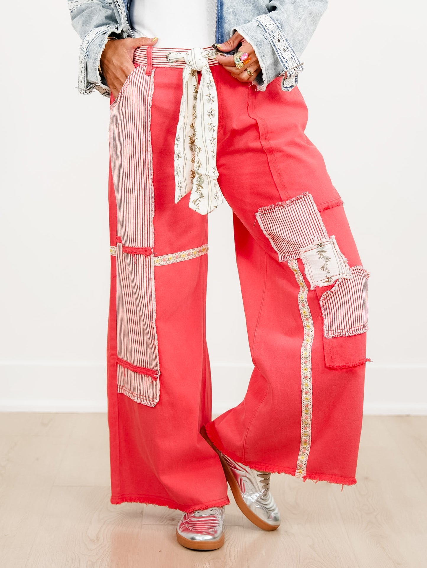 POL Red Patchwork High Waist Wide Leg Pants