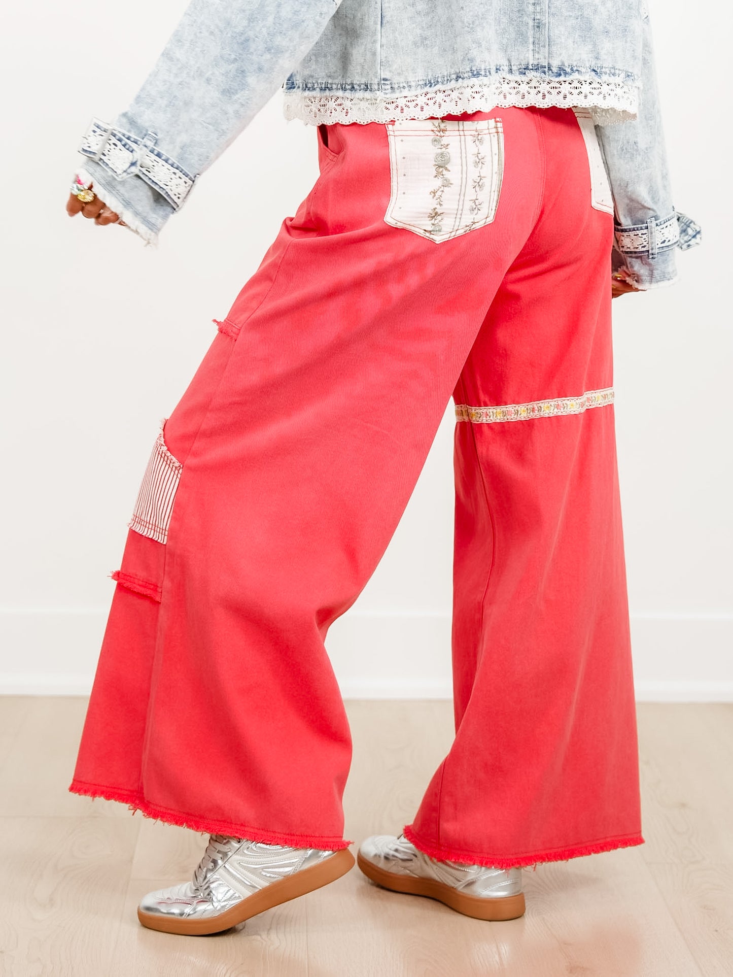 POL Red Patchwork High Waist Wide Leg Pants