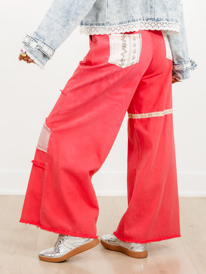 POL Red Patchwork High Waist Wide Leg Pants
