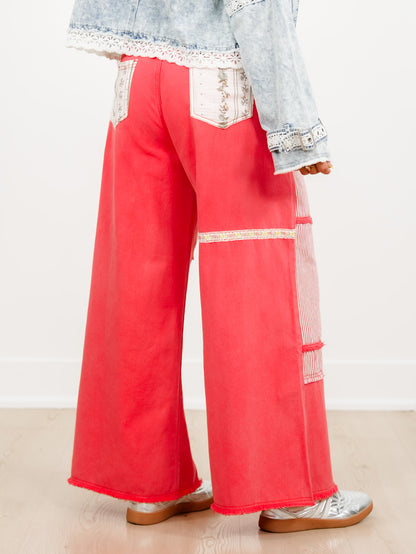 POL Red Patchwork High Waist Wide Leg Pants