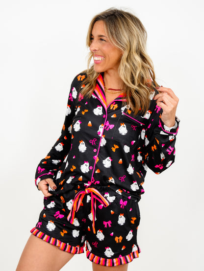 Plus/Reg Ghost Print Long Sleeve Top and Shorts Lounge Set