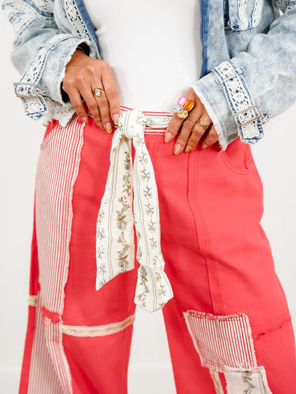 POL Red Patchwork High Waist Wide Leg Pants