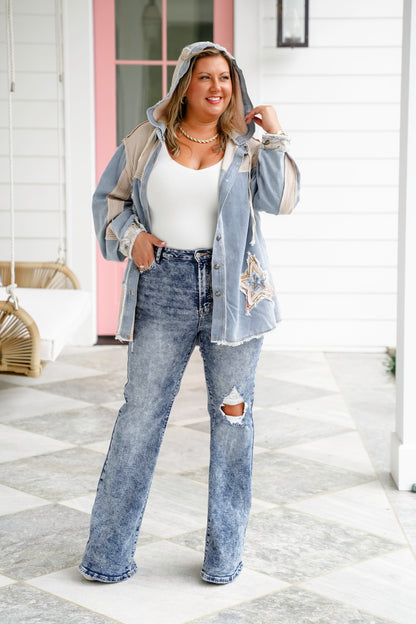 POL Button Down Hooded Shacket with Star Patch Detail