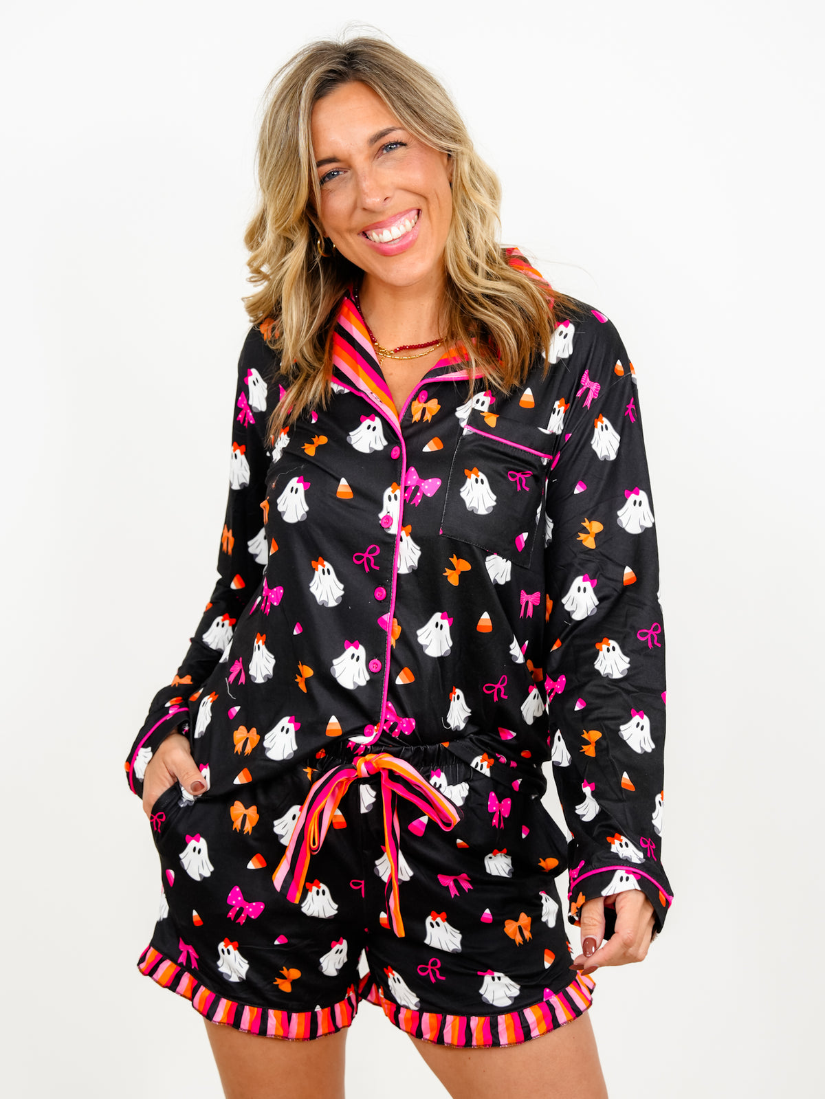 Plus/Reg Ghost Print Long Sleeve Top and Shorts Lounge Set