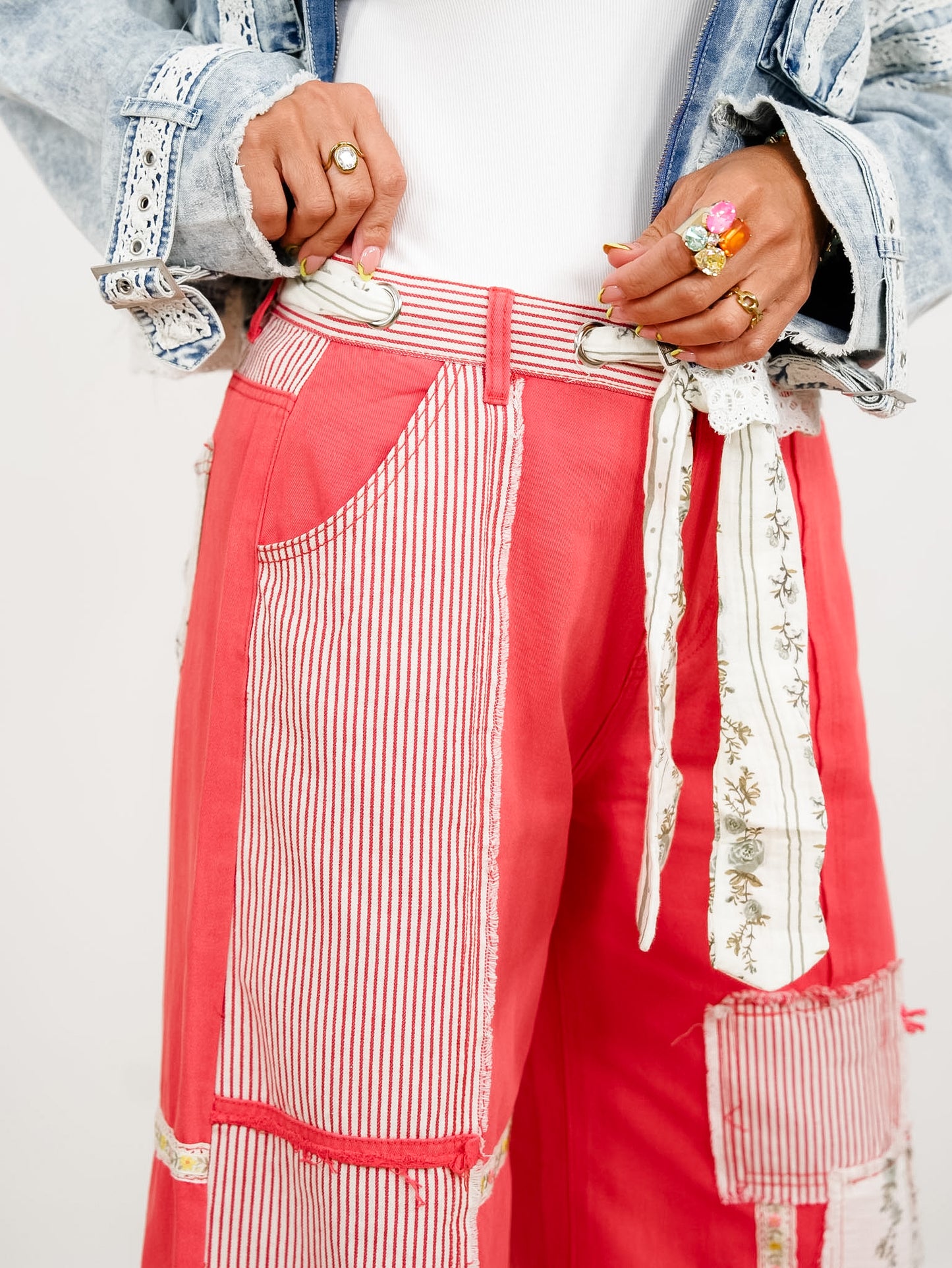 POL Red Patchwork High Waist Wide Leg Pants