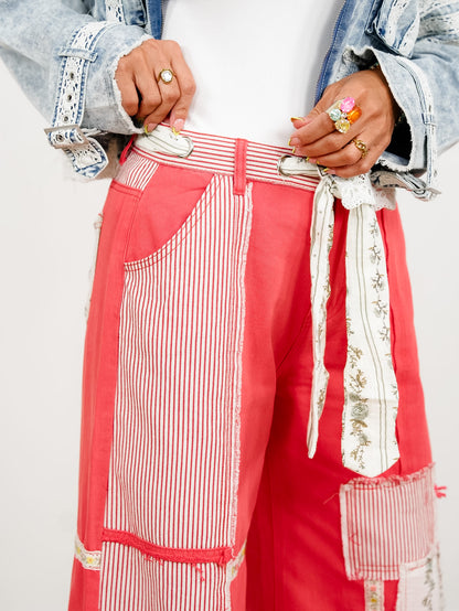 POL Red Patchwork High Waist Wide Leg Pants