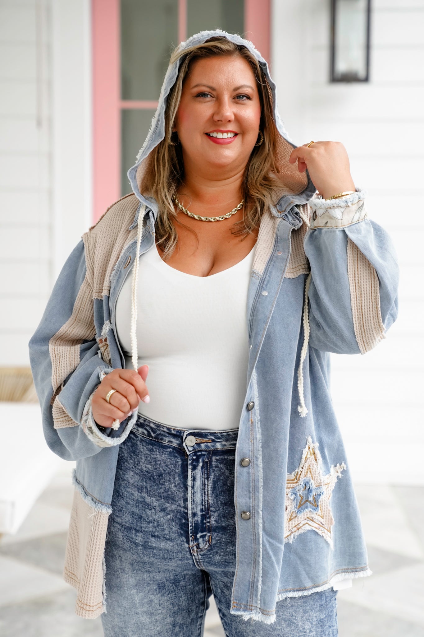 POL Button Down Hooded Shacket with Star Patch Detail