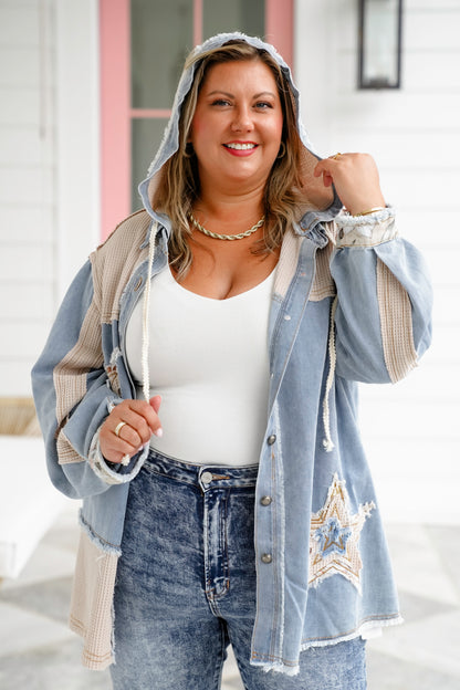 POL Button Down Hooded Shacket with Star Patch Detail
