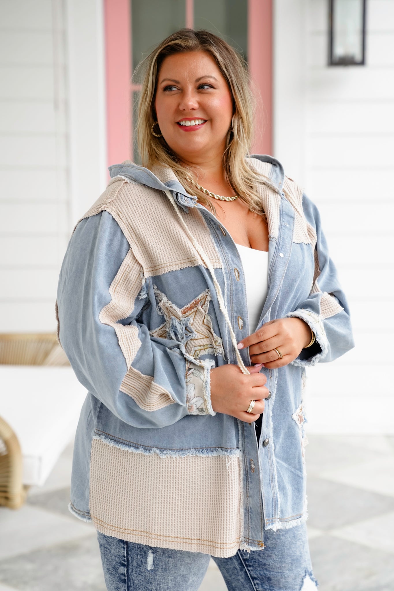 POL Button Down Hooded Shacket with Star Patch Detail