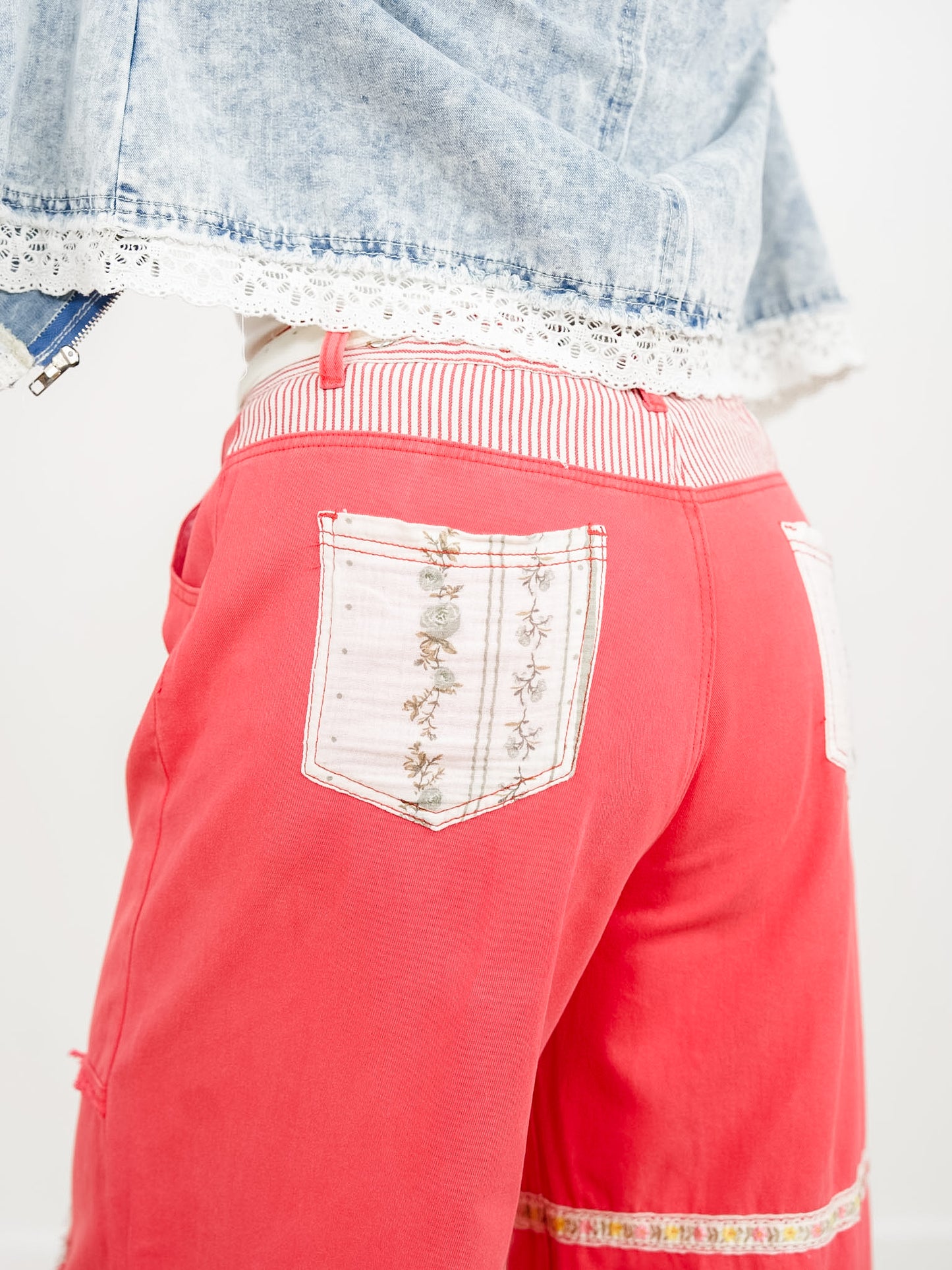 POL Red Patchwork High Waist Wide Leg Pants