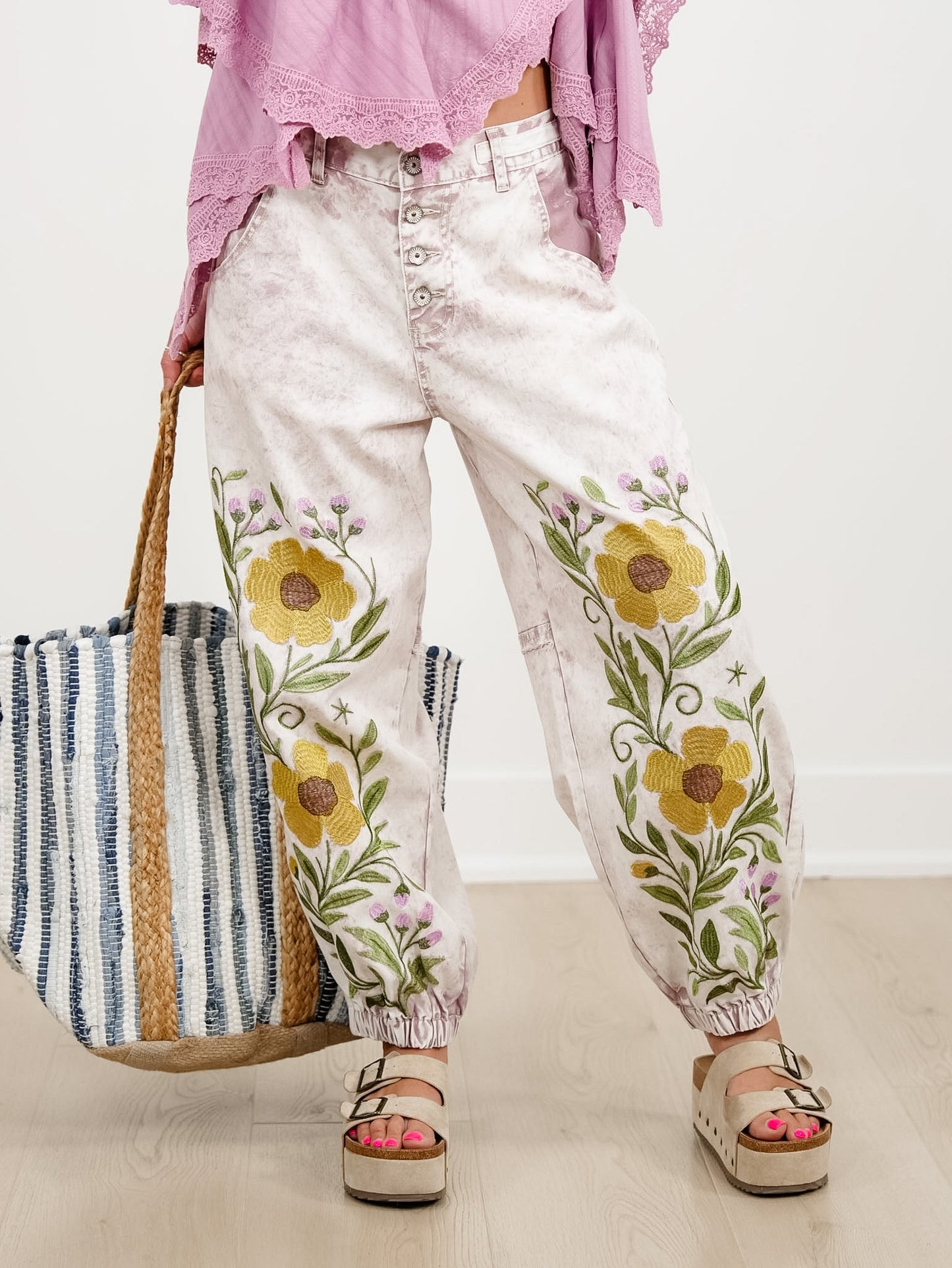 POL Vintage Wash Floral Embroidery Button Fly Jogger Pants - Freckled Poppy