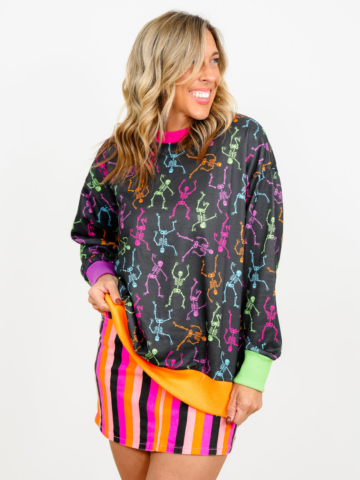 Plus/Reg Dancing Skeleton Print Long Sleeve Pullover Top