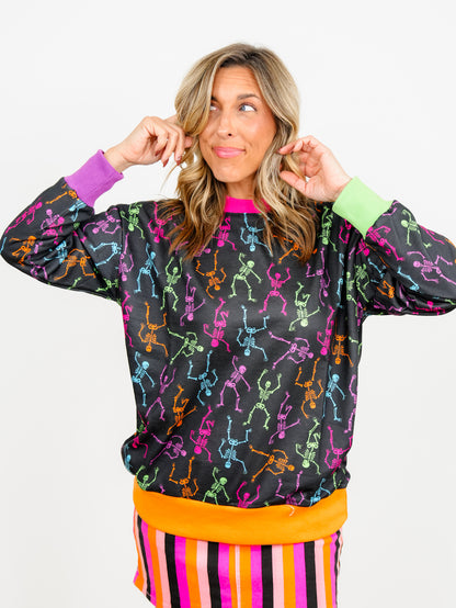 Plus/Reg Dancing Skeleton Print Long Sleeve Pullover Top