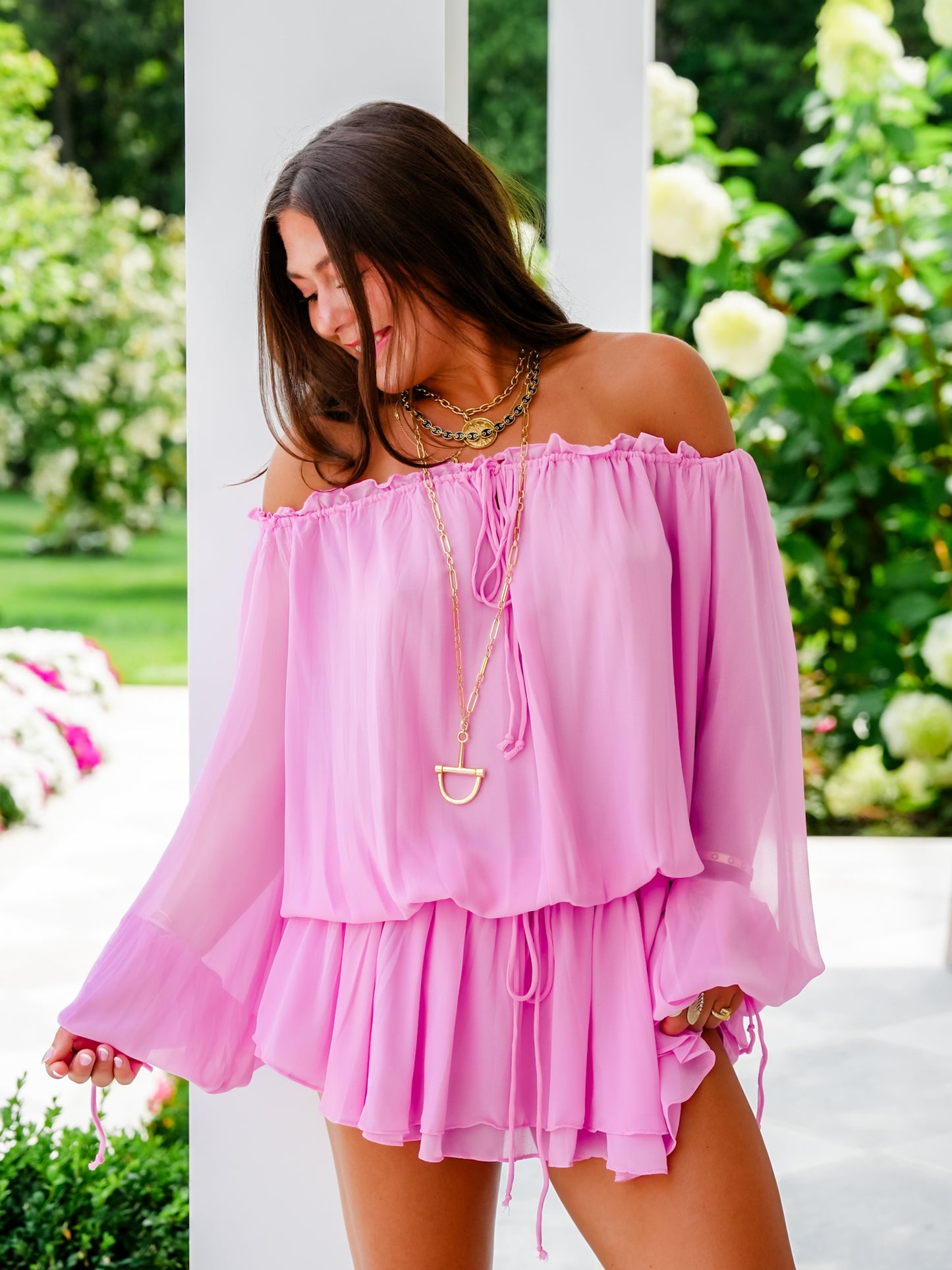 Solid Pink Long Sleeve Off Shoulder Drop Waist Mini Dress