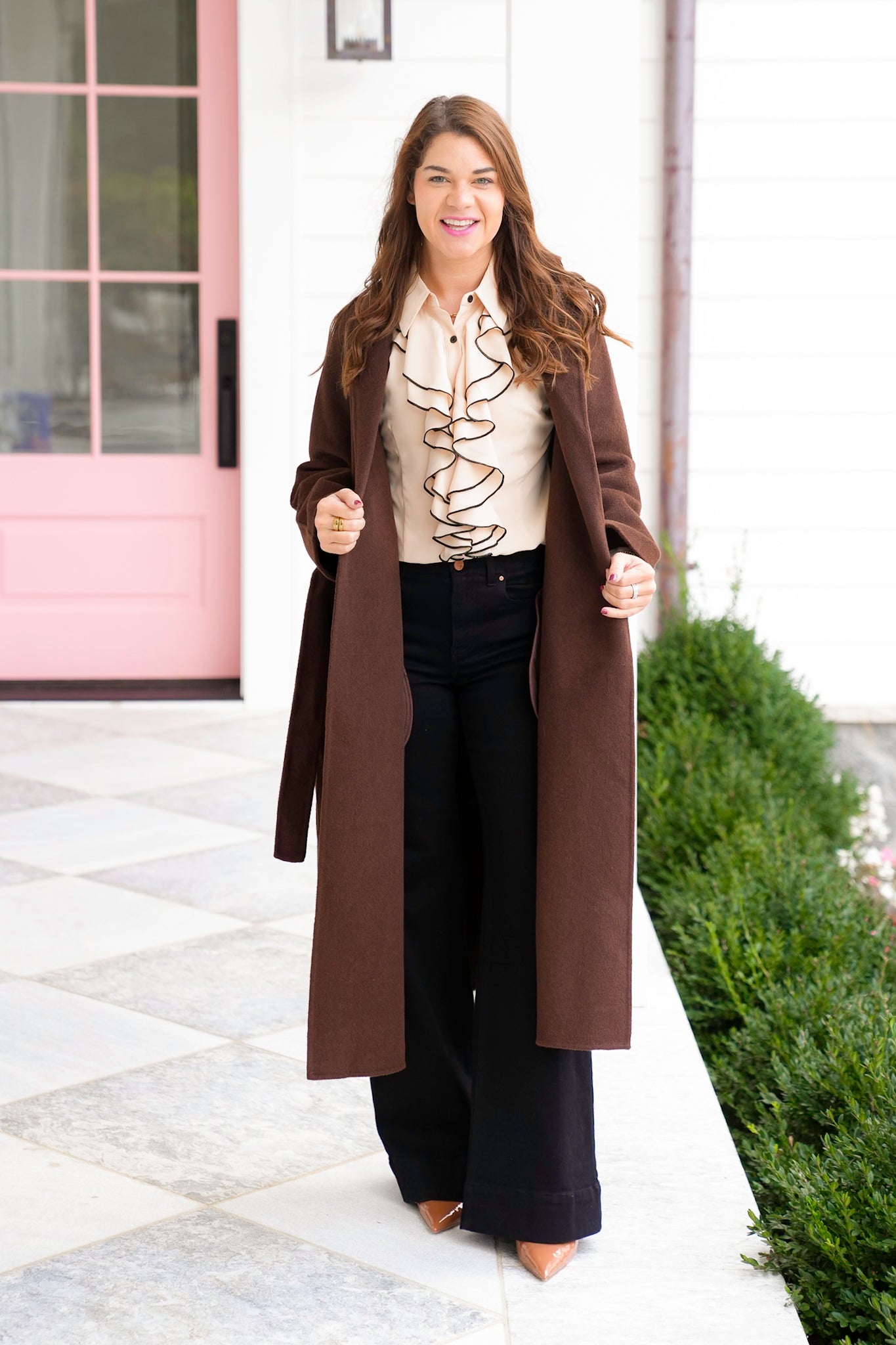 Plus/Reg Long Sleeve Ruffle Front Blouse