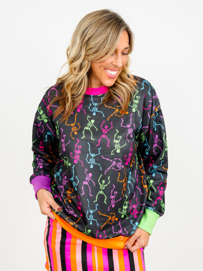 Plus/Reg Dancing Skeleton Print Long Sleeve Pullover Top