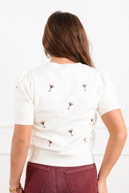 Short Sleeve Embroidered Espresso Martini Knit Top